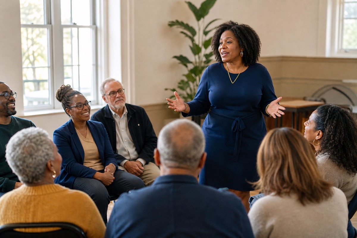 A nonprofit leader speaking to an engaged community gathering