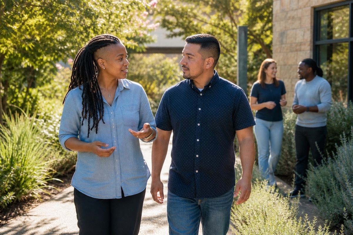 A recovery peer mentor and participant sharing an encouraging conversation outdoors