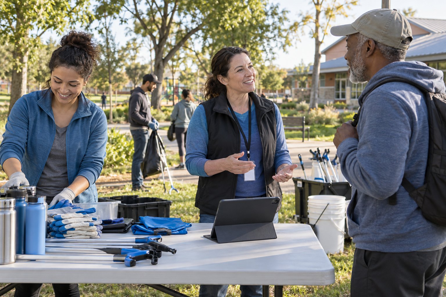 A nonprofit coordinator uses a tablet while planning an outdoor volunteer cleanup
