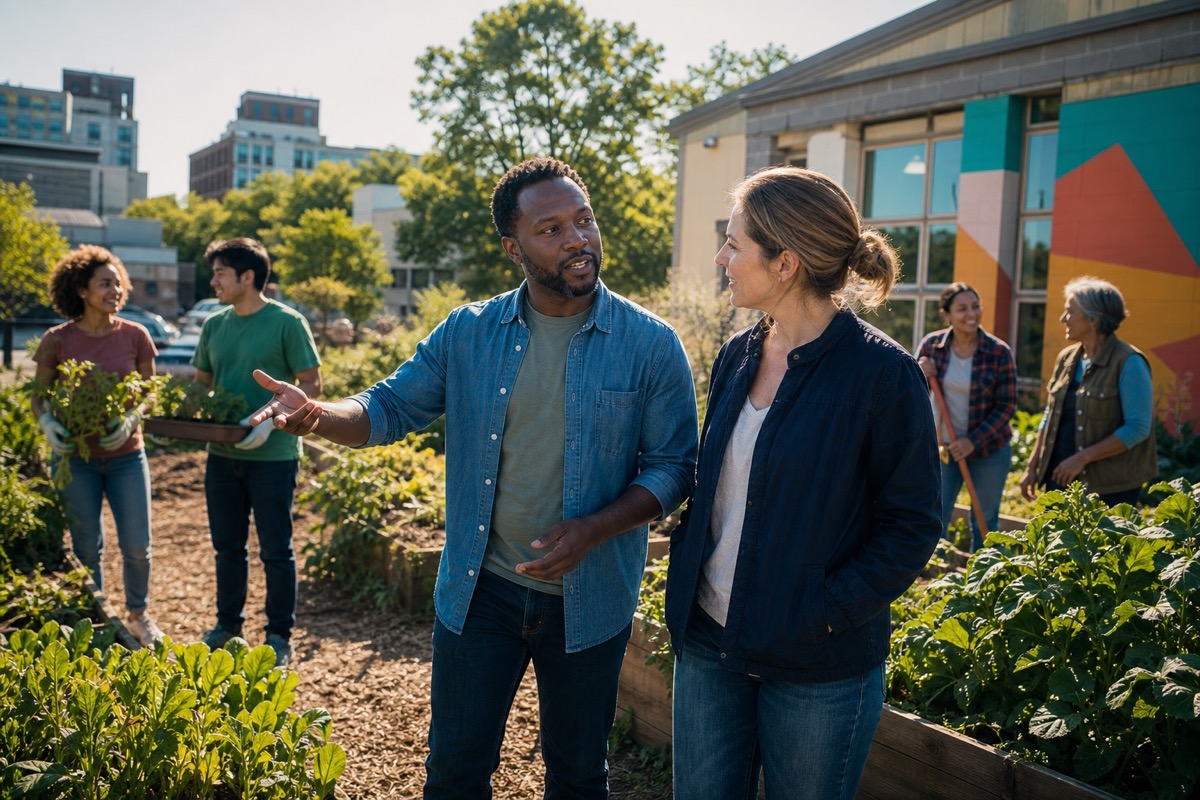 A nonprofit leader showing a funding partner an active community garden