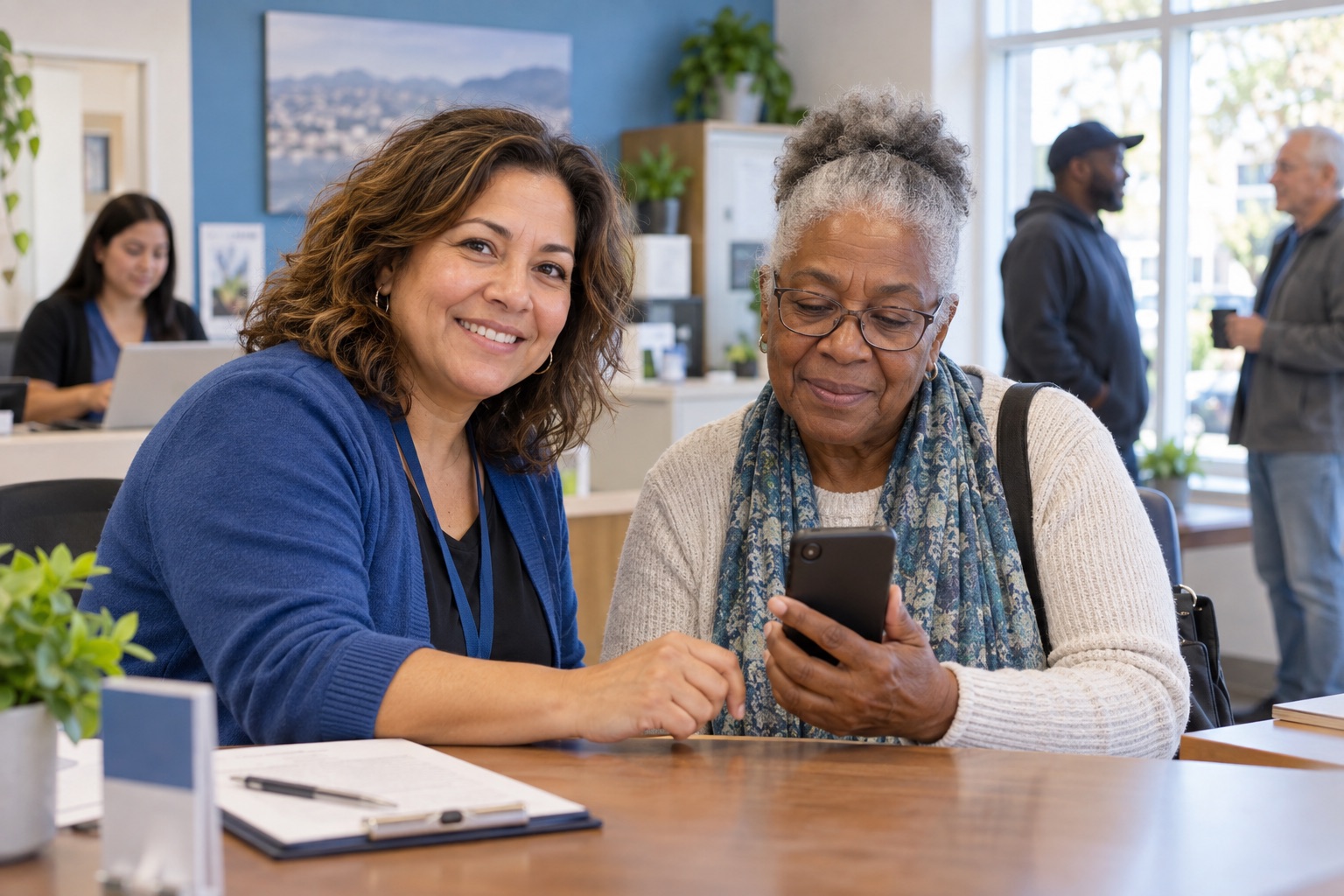 A care navigator supports a client using a phone in a welcoming resource center