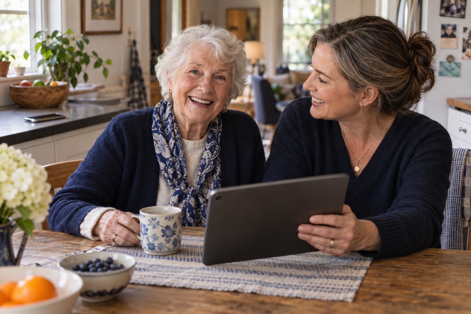An older woman and her daughter share a smile while using a tablet at home