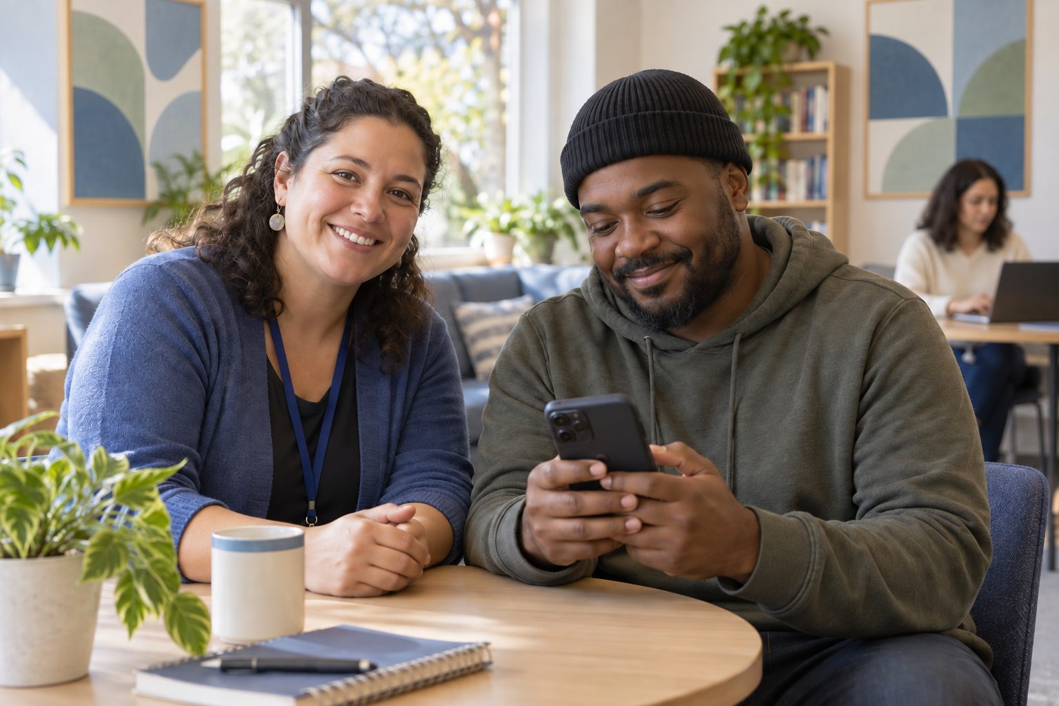 A peer-support participant uses a phone beside a smiling facilitator