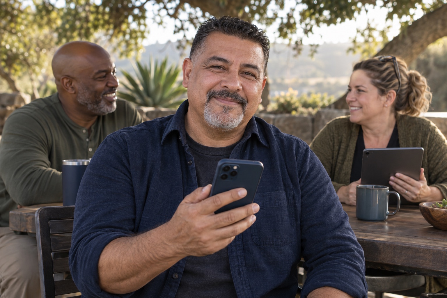 A veteran holds a phone at an outdoor peer gathering while another participant uses a tablet