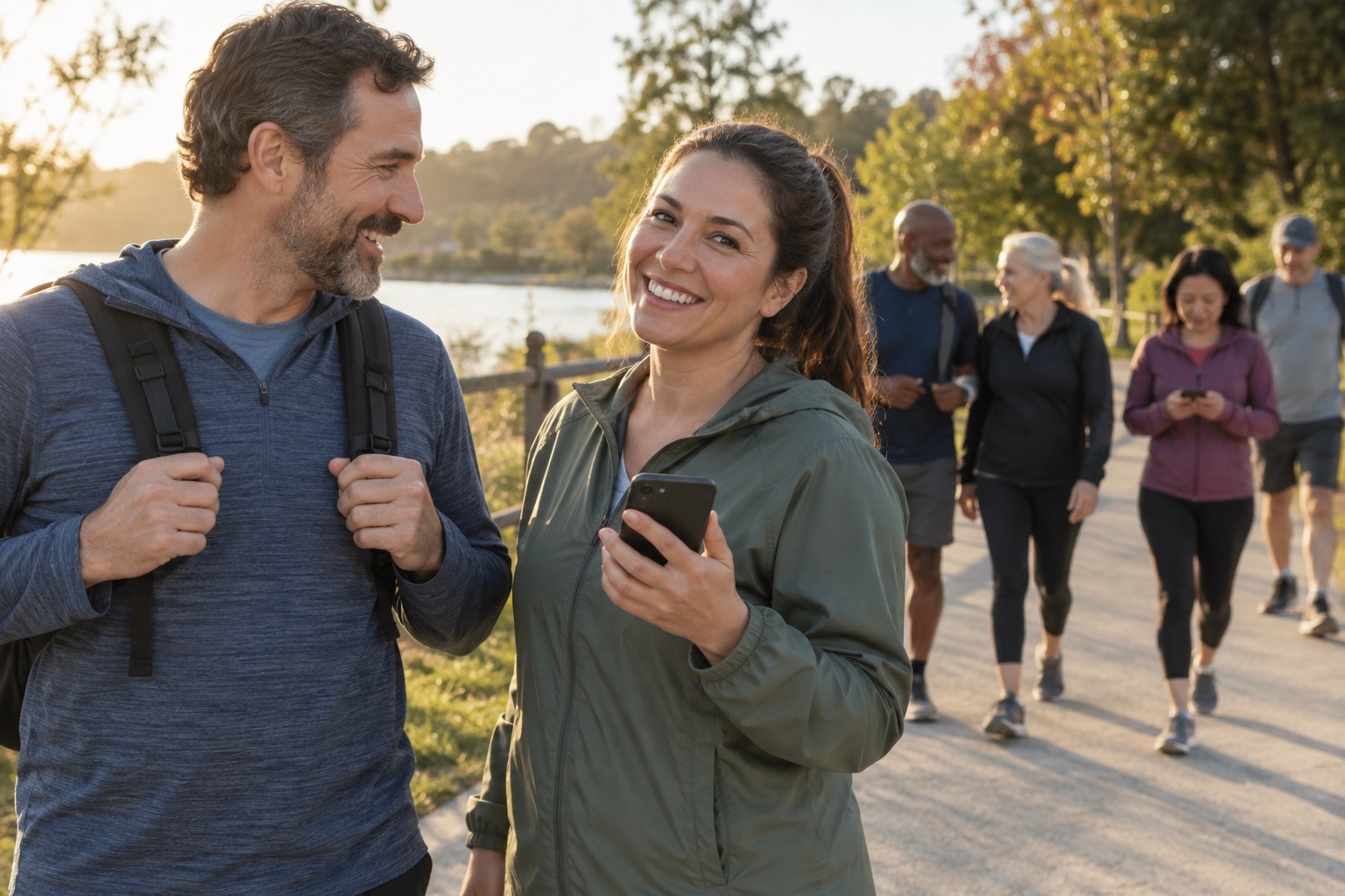 A wellness walking-group member holds a phone while connecting with a companion outdoors