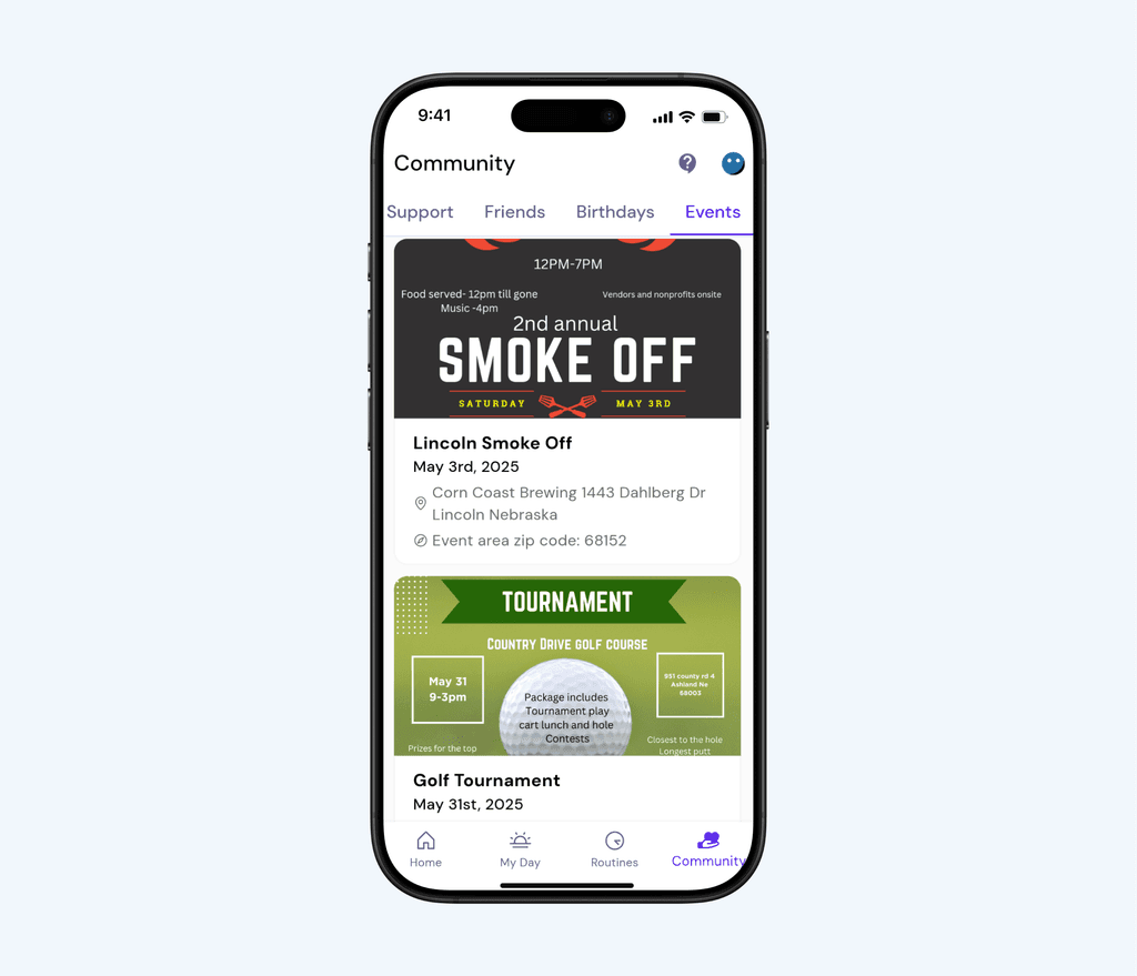 Lightbridge Life events screen