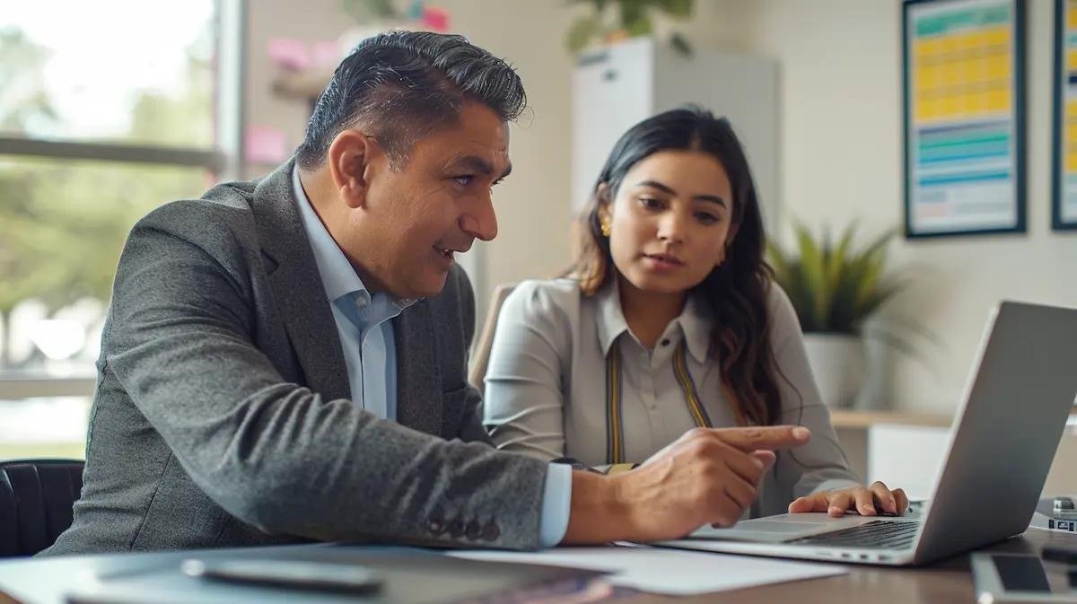 An experienced colleague sharing guidance with a team member at a laptop