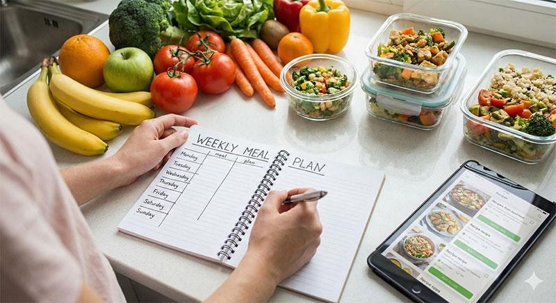 Meal planning with fresh ingredients, a written plan, and a tablet
