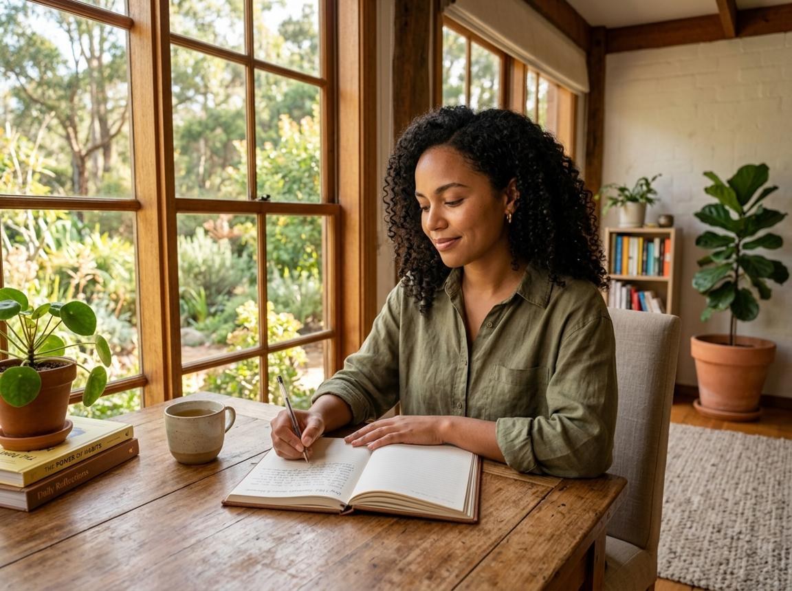 A woman reflecting and writing in a notebook at home