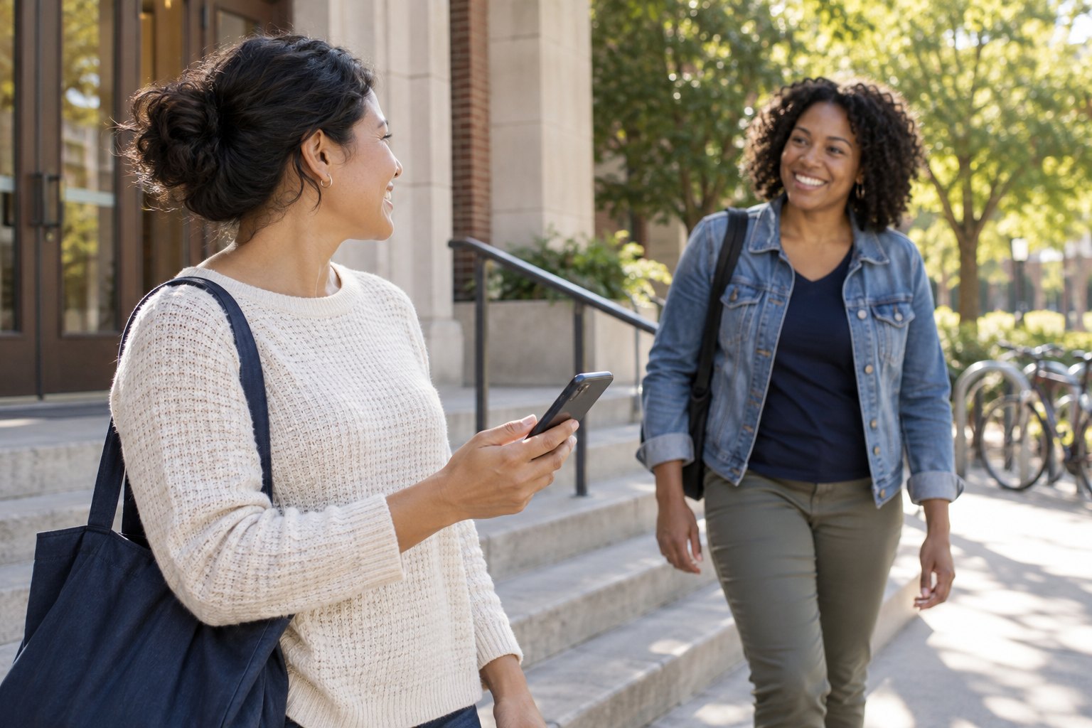 A community member holds her phone while greeting a friend outside a program