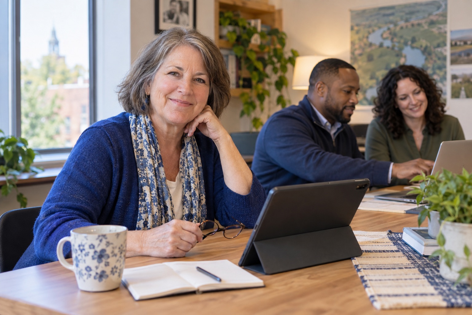 A nonprofit leader with a tablet while colleagues collaborate in the background