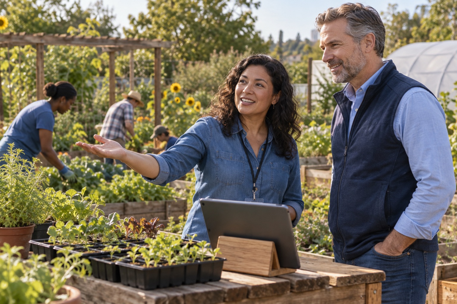 A nonprofit director and funding partner discuss a community garden project with a tablet nearby