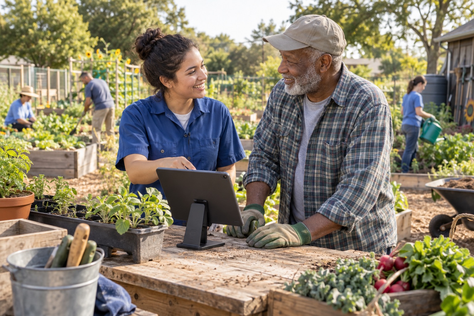 Community gardeners connect while using a tablet at a potting table