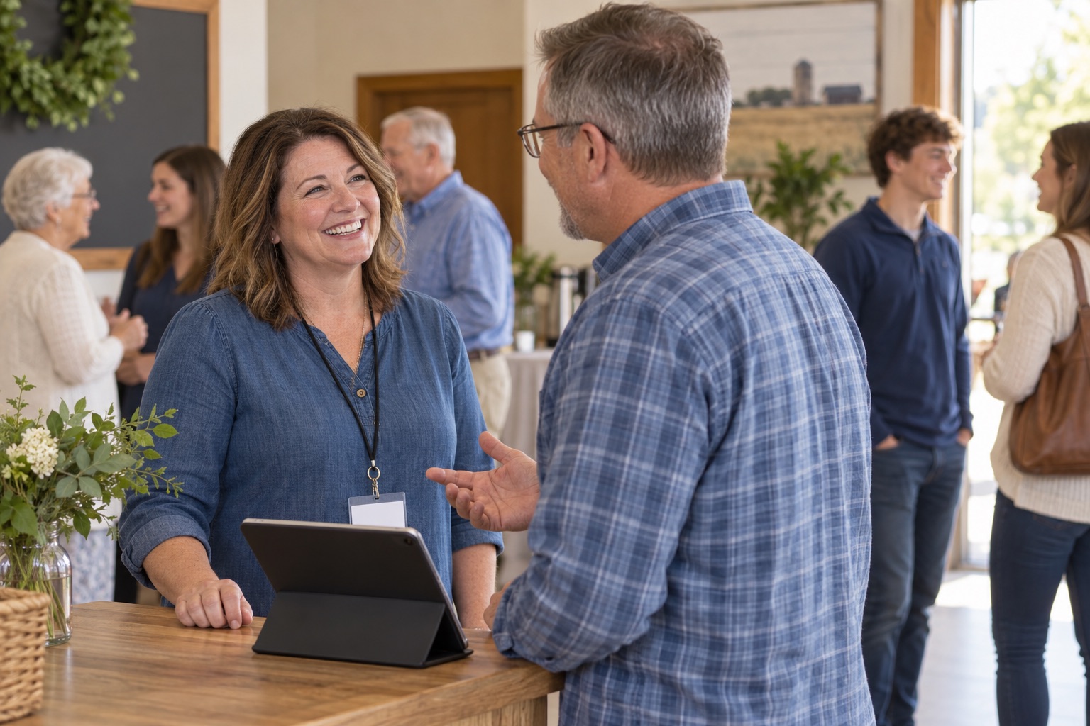 Neighbors connect at a community gathering with a tablet-equipped welcome desk
