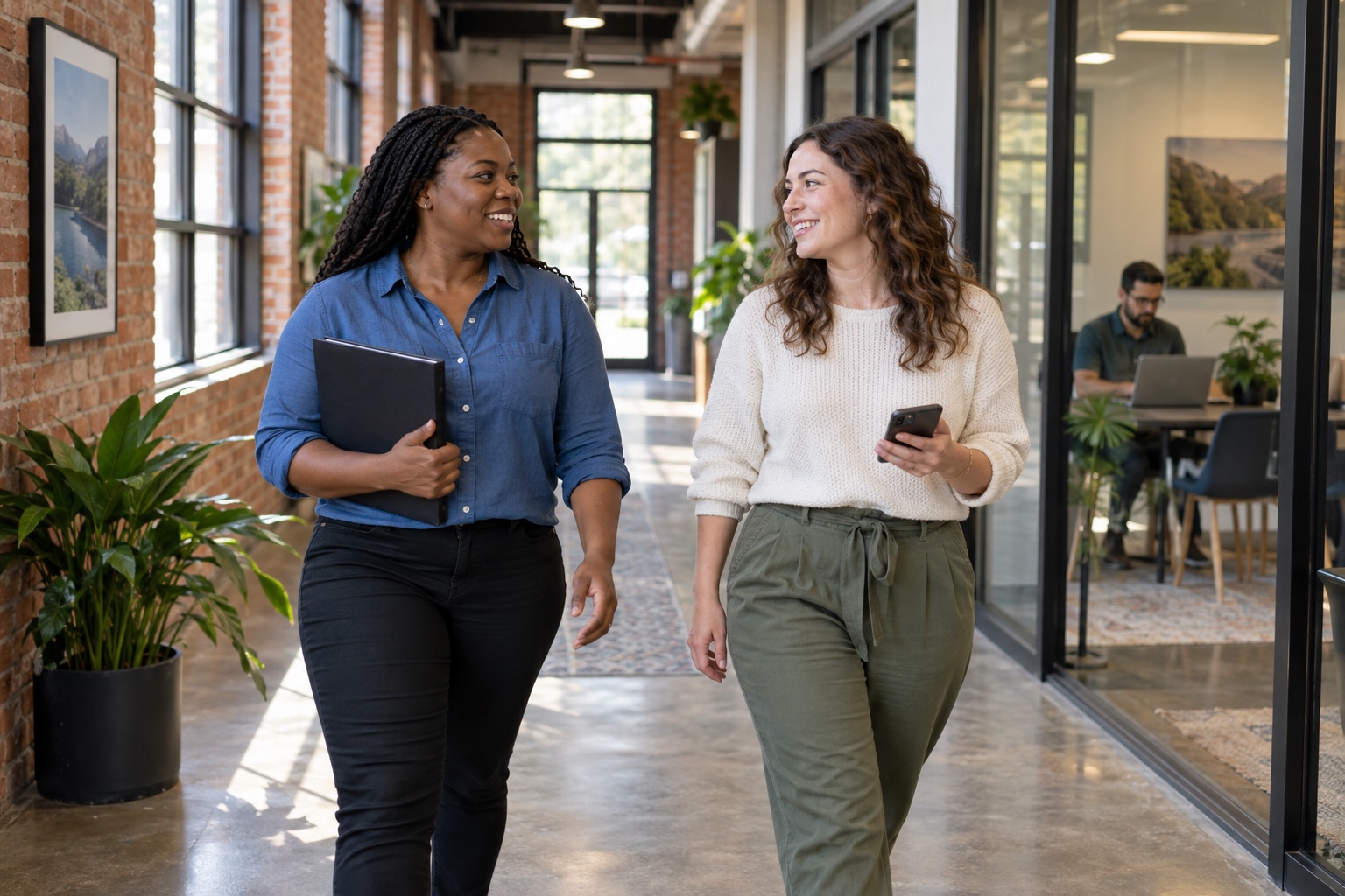 Nonprofit coordinators connect between meetings with a phone and project folder