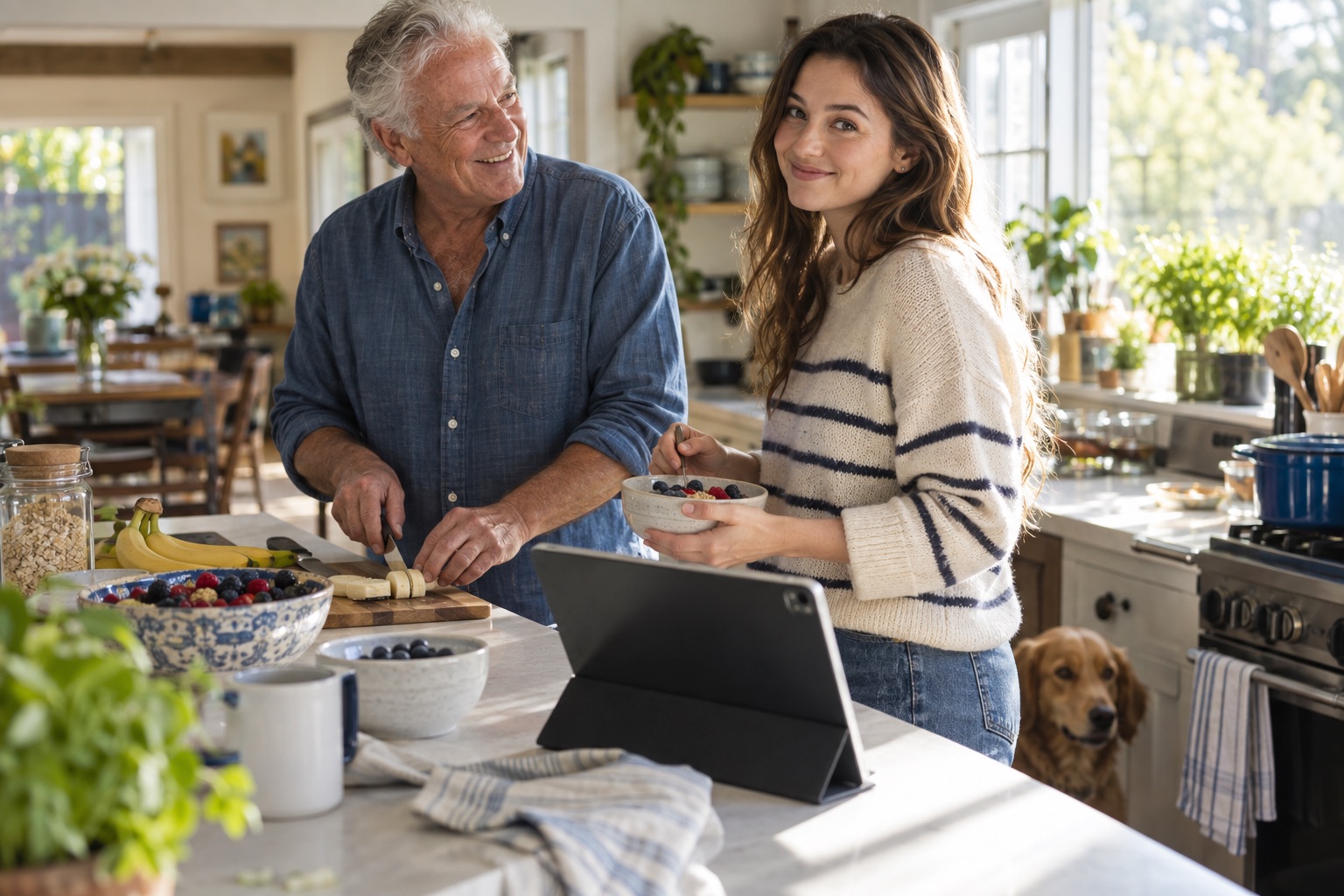 An older father and daughter prepare breakfast with a tablet nearby