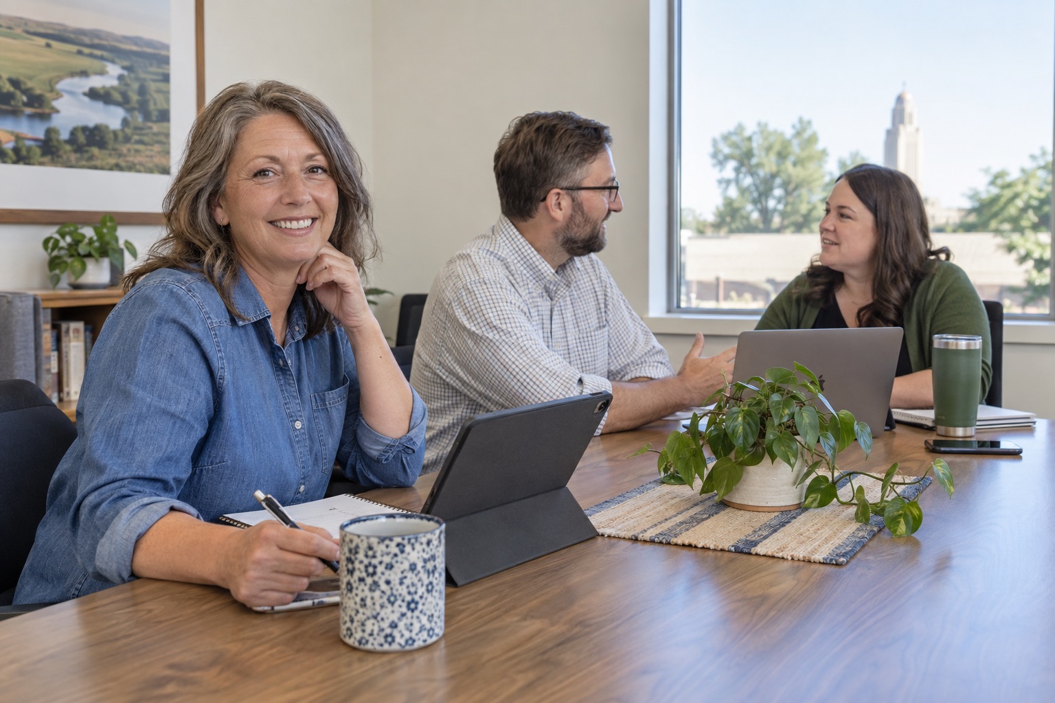 Nonprofit colleagues planning together with a tablet and laptop