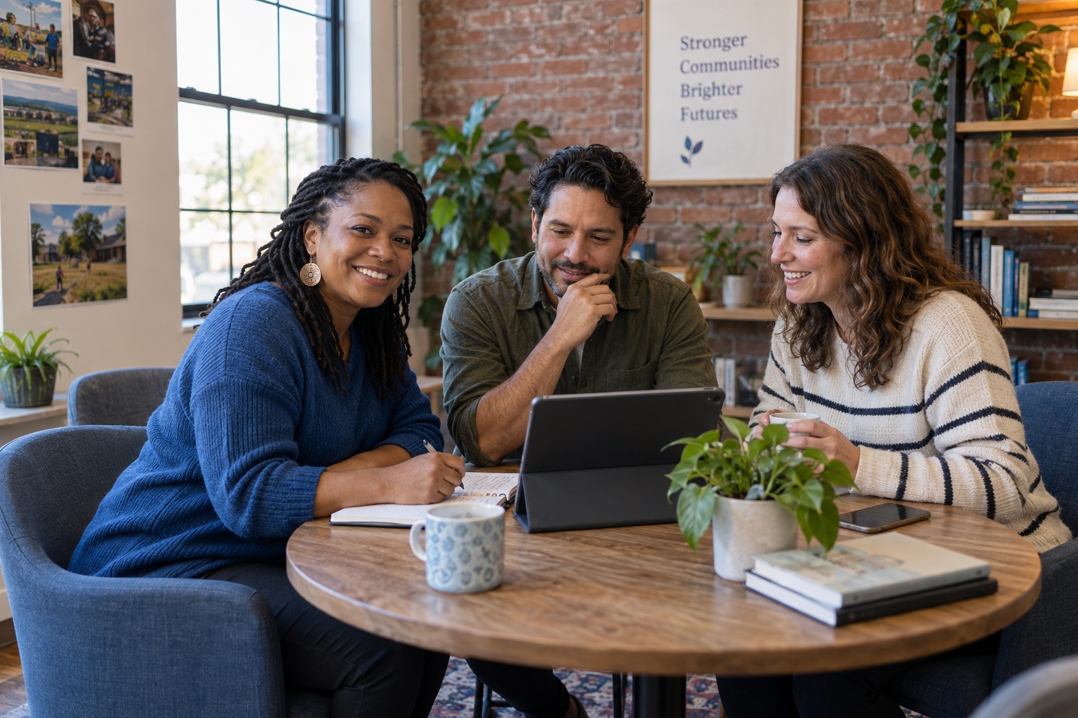 Nonprofit professionals discuss a project with a tablet and notebook