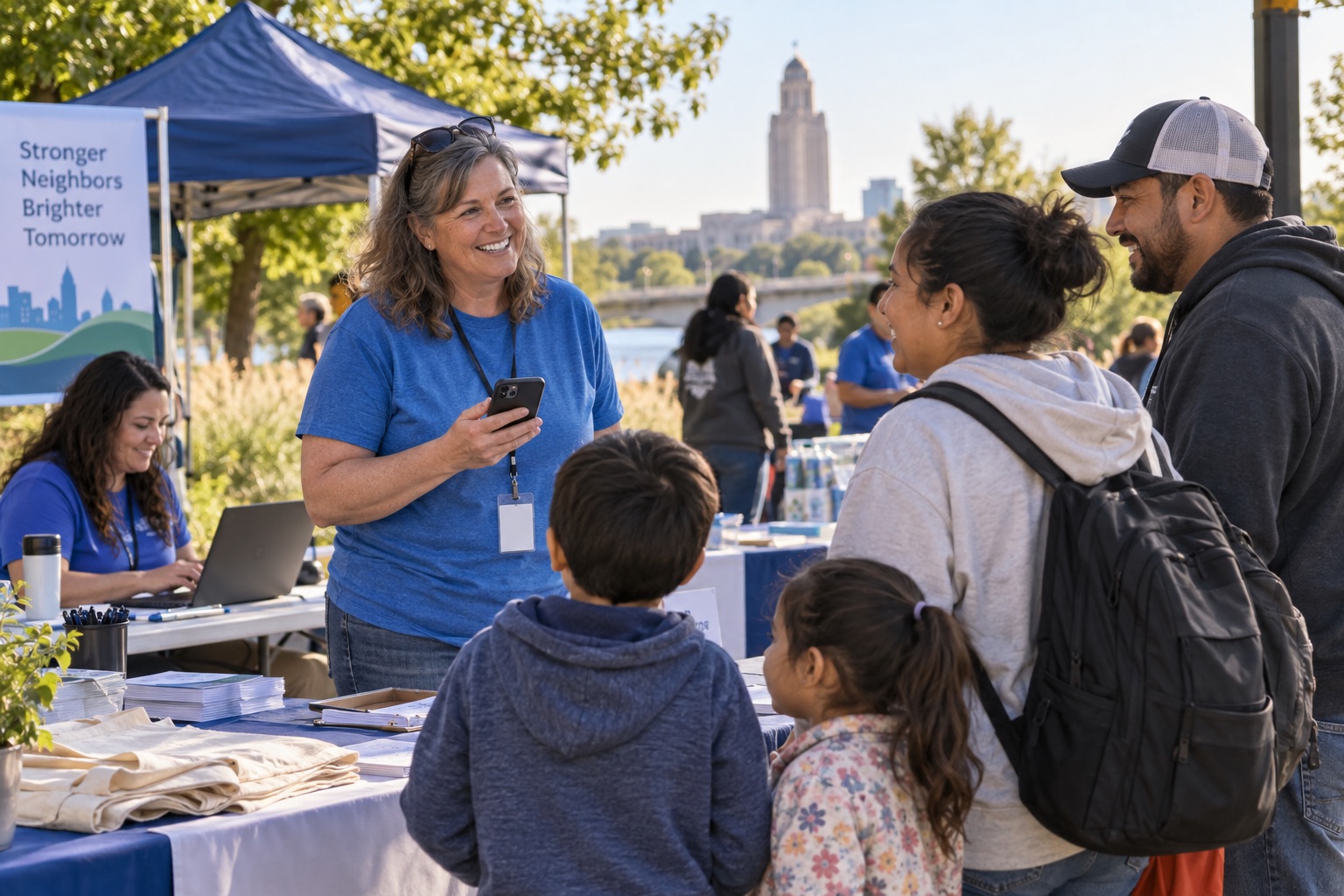 A volunteer holding a phone welcomes a family at a community resource event